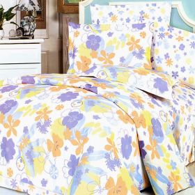 decoBlancho Bedding - [Purple Orange Flowers] 100% Cotton 4PC Duvet Cover Set (King Size)(Comforter not included)