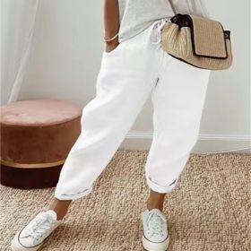 Women's Fashion Cotton Linen Solid Color Casual Pants (Option: White-4XL)