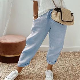 Women's Fashion Cotton Linen Solid Color Casual Pants (Option: Sky Blue-L)