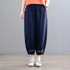 Women's Vintage Cotton Linen Solid Color Casual Pants (Option: Navy Blue-4XL)