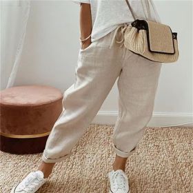 Women's Fashion Cotton Linen Solid Color Casual Pants (Option: Beige-L)