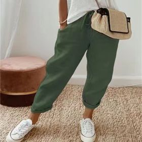 Women's Fashion Cotton Linen Solid Color Casual Pants (Option: Army Green-2XL)