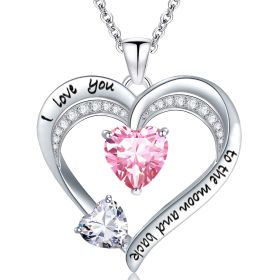 Love Heart Pendant Necklace 18k White Gold Plated 5A Cubic Zirconia Engraved I Love You Heart Jewelry Gift for Women Wife Girl (Color: Pink)