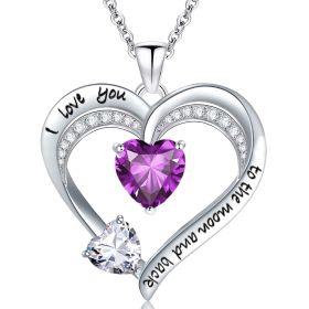 Love Heart Pendant Necklace 18k White Gold Plated 5A Cubic Zirconia Engraved I Love You Heart Jewelry Gift for Women Wife Girl (Color: Purple)