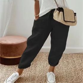 Women's Fashion Cotton Linen Solid Color Casual Pants (Option: Black-S)