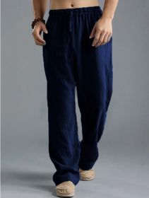 Men's Loose Casual Pants Linen Breathable Sports Trousers (Option: Dark Blue-3XL)